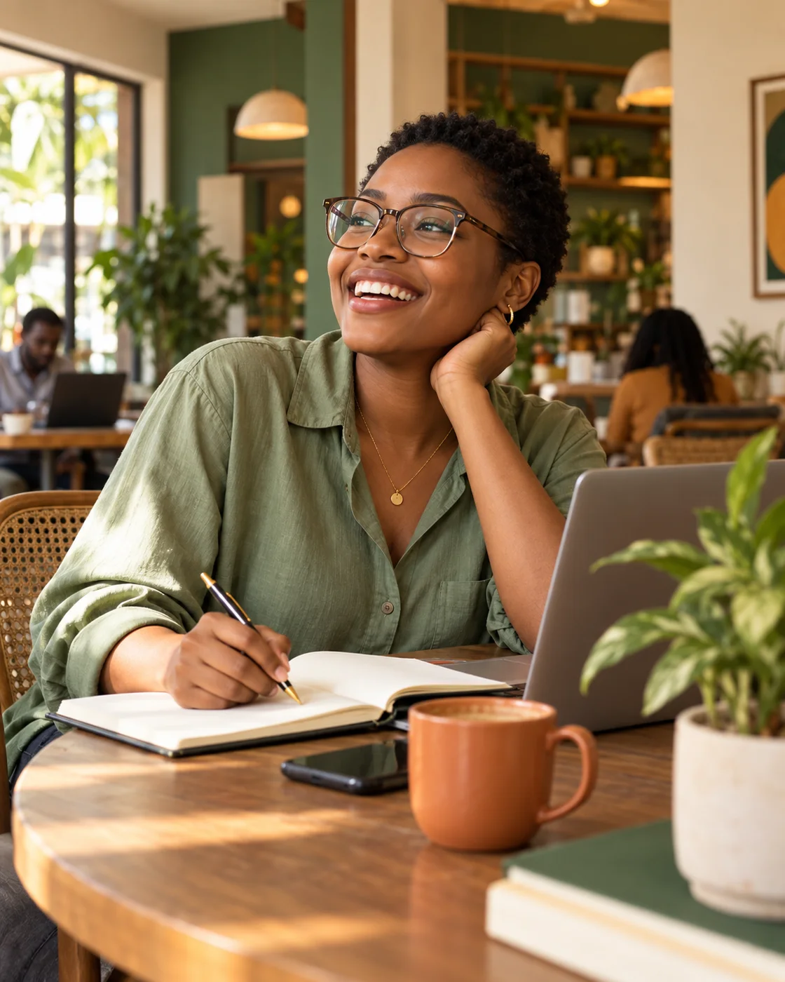 Illustrative scene of a smiling woman planning her next chapter at a café