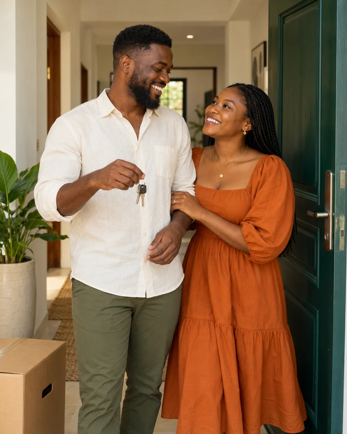 Illustrative scene of a happy couple receiving their new apartment keys