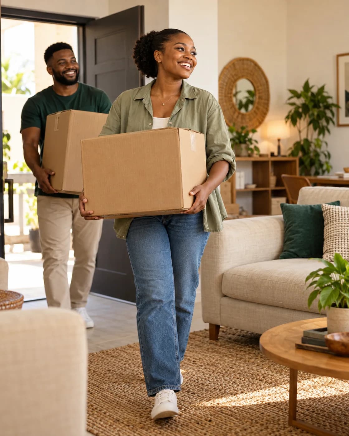 Illustrative scene of happy friends moving into a bright new home