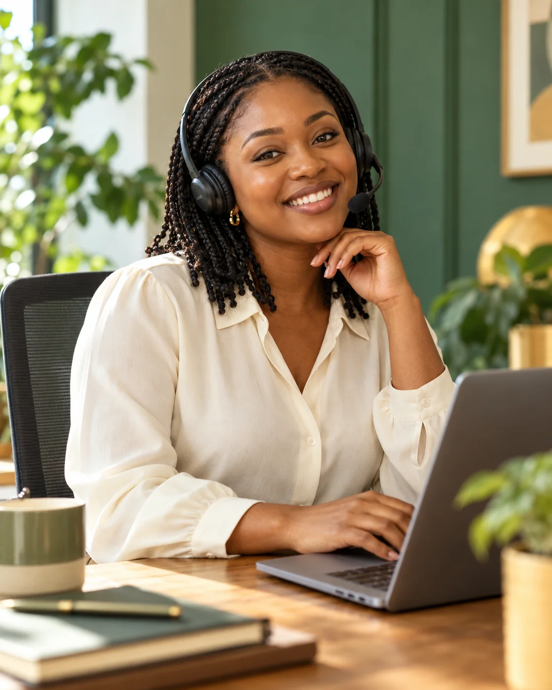Illustrative portrait of a smiling customer support representative wearing a headset